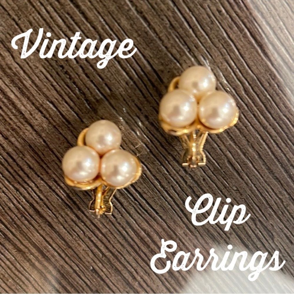 Vintage Three Pearl Clip Earrings, Gold-tone Metal